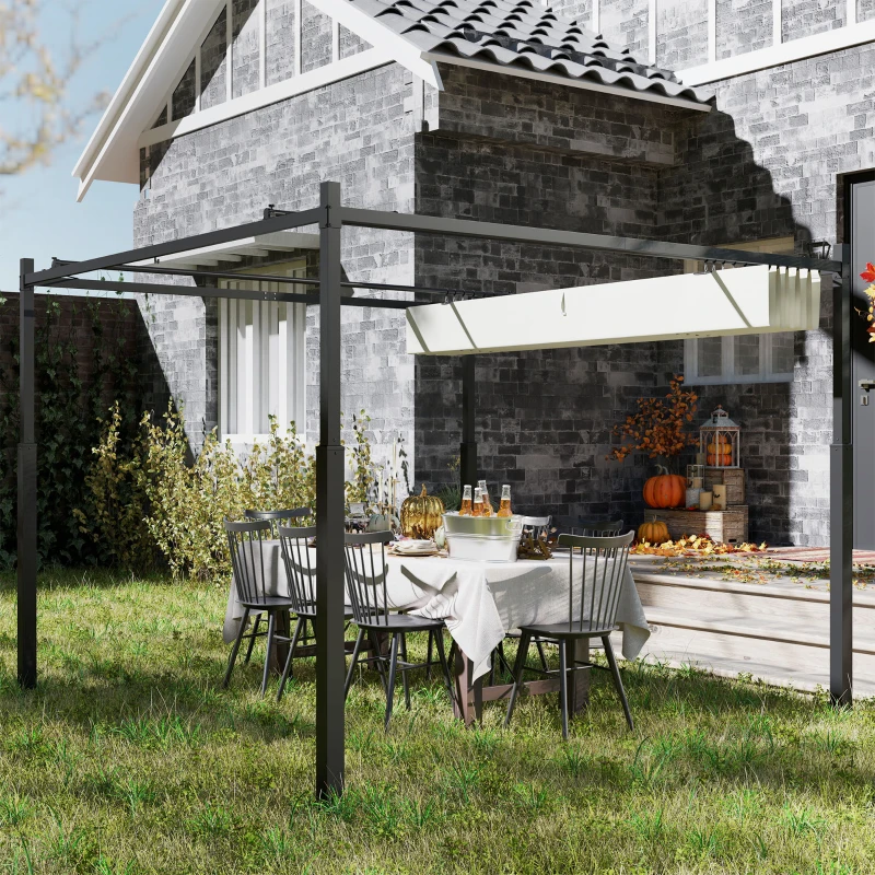 Outsunny Gazebo Pergola 3x3 m cu Acoperiș Retractabil, 8 Șuruburi și 8 Țăruși, din Poliester 180g și Metal, Alb Crem(m-10)