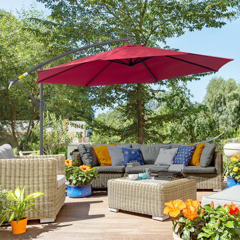 Outsunny Ampelschirm Ø300 cm neigbar Sonnenschirm mit UV-Schutz Kurbelschirm mit Ständer, Kurbelvorrichtung, Marktschirm Gartenschirm Sonnenschutz für Balkon Garten Terrasse Rot