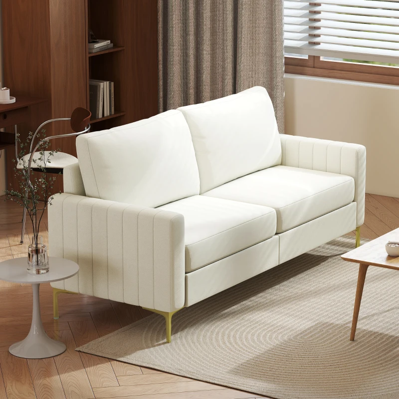 HOMCOM Sofá de 3 Lugares de 181 cm Estofado em Veludo com Almofadas Espessas Pernas de Metal Branco Creme