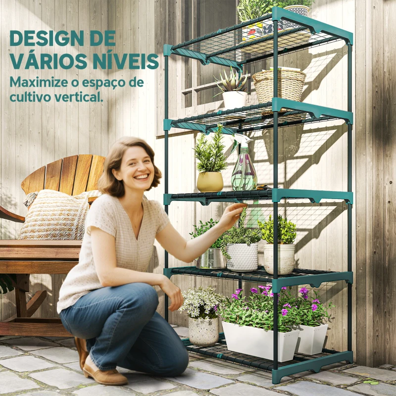 Outsunny Suporte para Plantas de 5 Níveis, Estante de Aço com Prateleiras de Rede, 67x49x138 cm, Verde Escuro