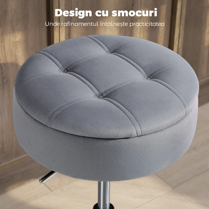 HOMCOM Scaun de Bar cu Înălțime Reglabilă și Compartiment Ascuns, Șezut Rotativ tapițat Fără Spătar, Gri