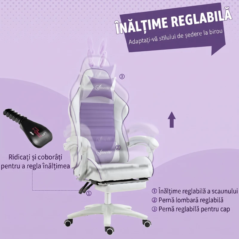 Vinsetto Scaun Gaming cu Urechi de Iepuraș, Suport pentru Picioare, Perne, Reglabil și Reclinabil, Mov