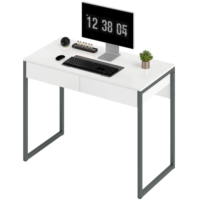 HOMCOM Secretária com 2 Gavetas 100x50 cm Mesa de Computador Pernas de Aço para Casa Escritório Espaços Pequenos Branco Brilhante