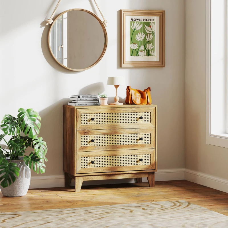 HOMCOM Commode 3 tiroirs meuble de rangement cannage en rotin aspect bois clair 80 x 35 x 76 cm