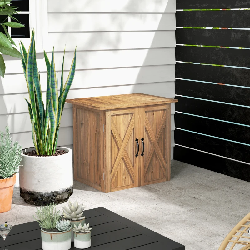 Outsunny Armário de Jardim Abrigo de Madeira para Exterior com 2 Portas Magnéticas Abrigo para Ferramentas 77x55x72 cm Marrom