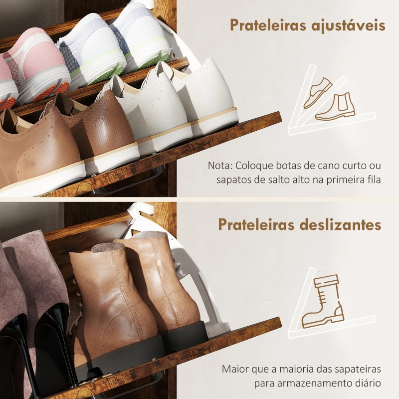 HOMCOM Sapateira de 4 Portas com Prateleiras Ajustáveis Estilo Industrial para 24 Pares de Sapatos 120x24x103 cm Castanho Rústico