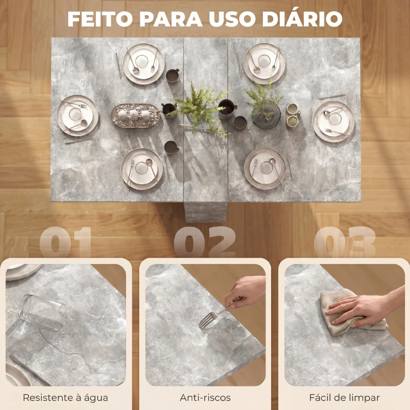 HOMCOM Mesa de Sala de Jantar Dobrável com 2 Prateleiras de Armazenamento e Rodas para Cozinha 75x140x74 cm Cinza