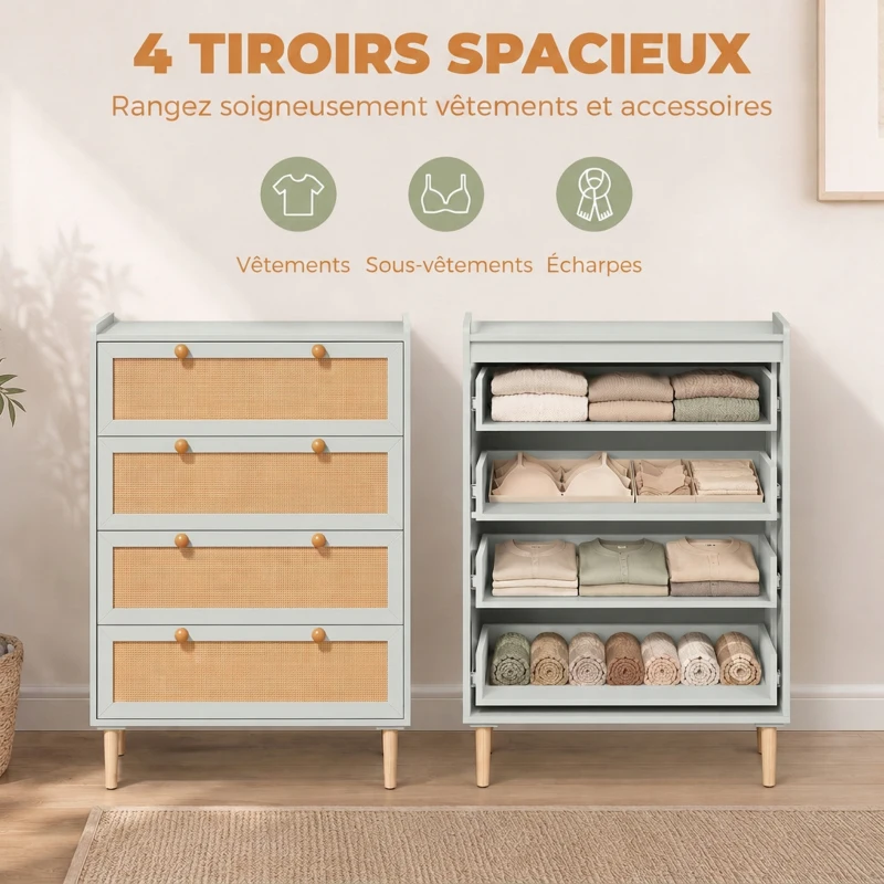 HOMCOM Commode 4 Tiroirs en Bois et Rotin PVC, Style Bohème, pour Chambre à Coucher, Entrée, Couloir, 80x40x109,2cm, Vert Sauge