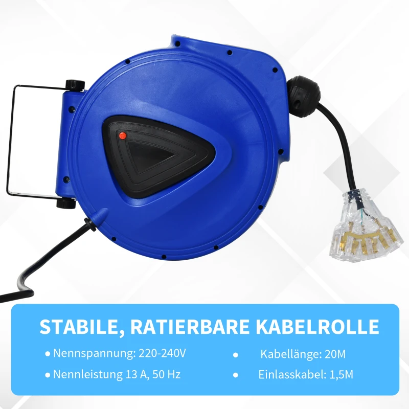 DURHAND Kabeltrommel 20 m+1.3 m Leitung Automatik Kabelaufroller Outdoor Aufroll stromkabel drehbar Wandhalterung, PP, Gummi, Metall, Schwarz + Blau, 28L x 16B x 27H cm