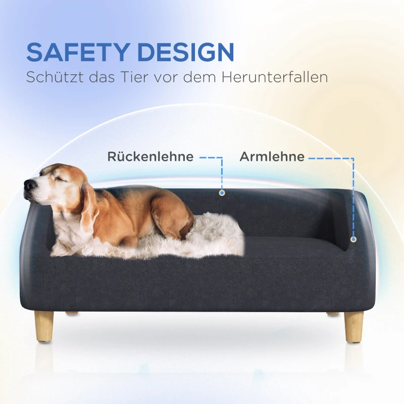 PawHut Hundesofa, Haustiersofa Katzensofa Hundebett für mittelgroße und große Hunde, Hundecouch mit Erhöhtem Design, Hundesessel mit Holzbeine, Dunkelgrau, 95 x 63 x 39 cm