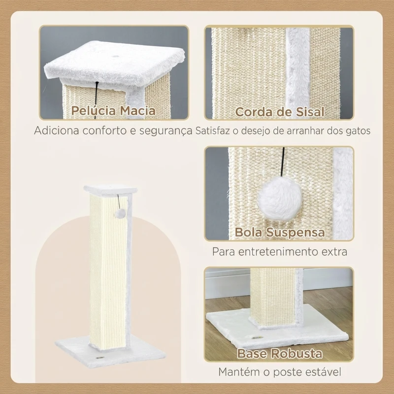 PawHut Poste Arranhador para Gatos 81 cm com Sisal e Bola Suspensa, 41x41x81 cm, Branco