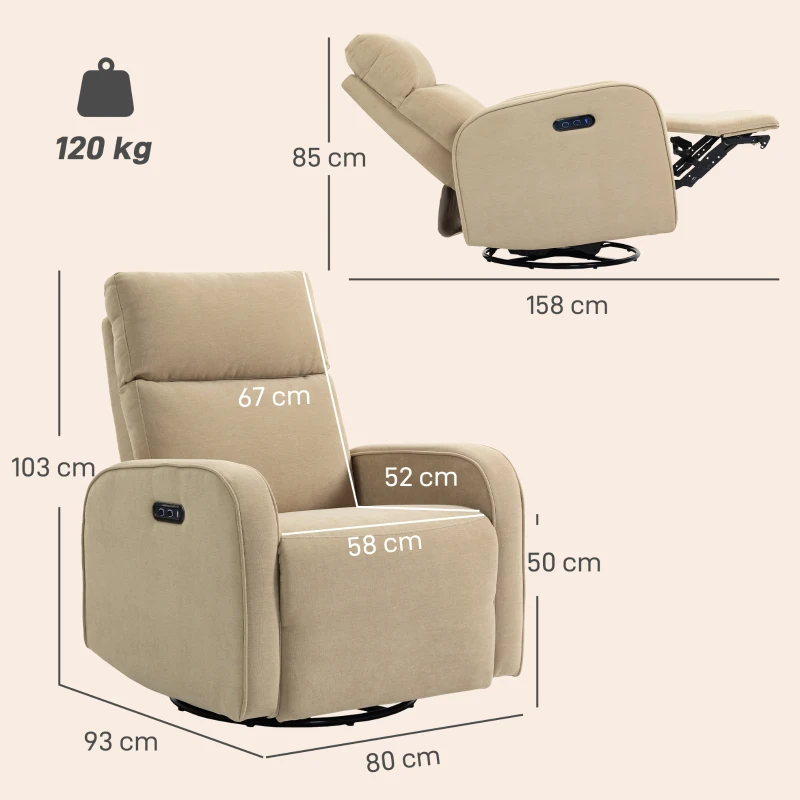 HOMCOM Poltrona Relax Reclinável Elétrica com Duplo Motor Giratória e Baloiço com Encosto de Cabeça Ajustável Portos USB e USB-C Bege