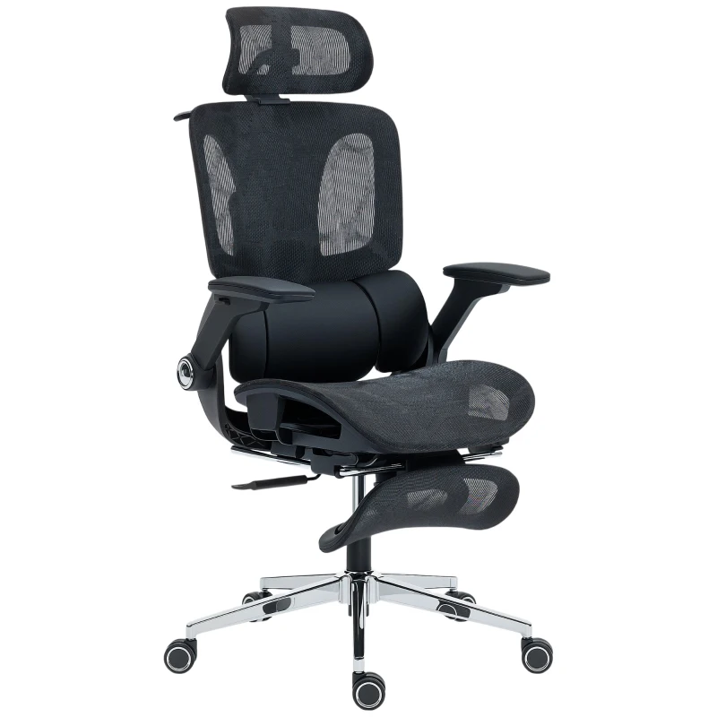 HOMCOM Cadeira de Escritório com Encosto Reclinável e Alto Suporte Lombar Transpirável Apoios de Braço 4D e Encosto de Cabeça Ajustável 67x74x113-132 cm Preto