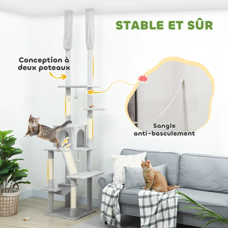 PawHut Arbre à chat du sol au plafond griffoir pour chat hauteur réglable 225-255 cm 6 niveaux avec niche hamac gris clair