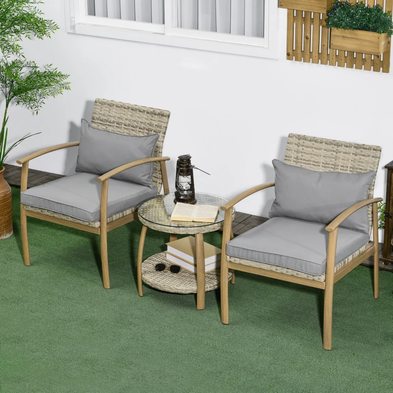 Outsunny Conjunto de Cadeiras e Mesa em Vime com Estrutura de Alumínio Inclui 2 Cadeiras 1 Mesa de Vidro Temperado Natural e Marróm