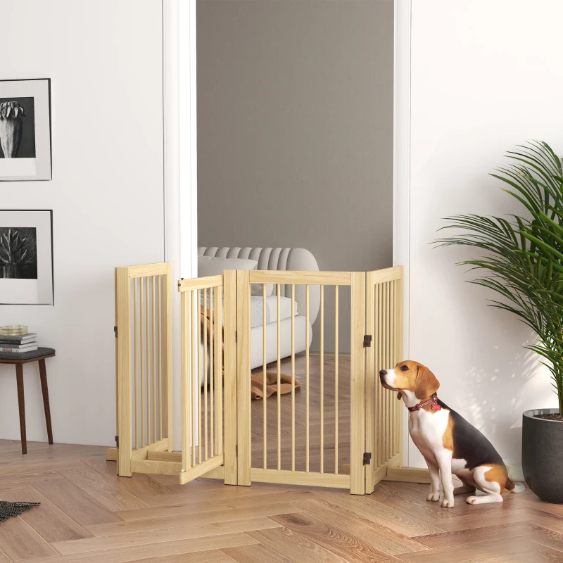 PawHut Hunde-Absperrgitter, freistehend, klappbar, Tür & Füße, Holzrahmen, 220x36x91cm