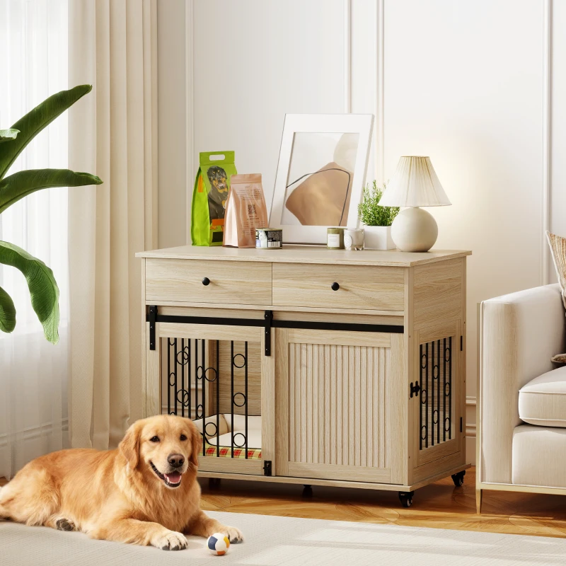 PawHut Gaiola para Cães Médios e Grandes Mesa de Apoio Moderna com 2 Gavetas 2 Portas e Fecho 100x56x81 cm Carvalho