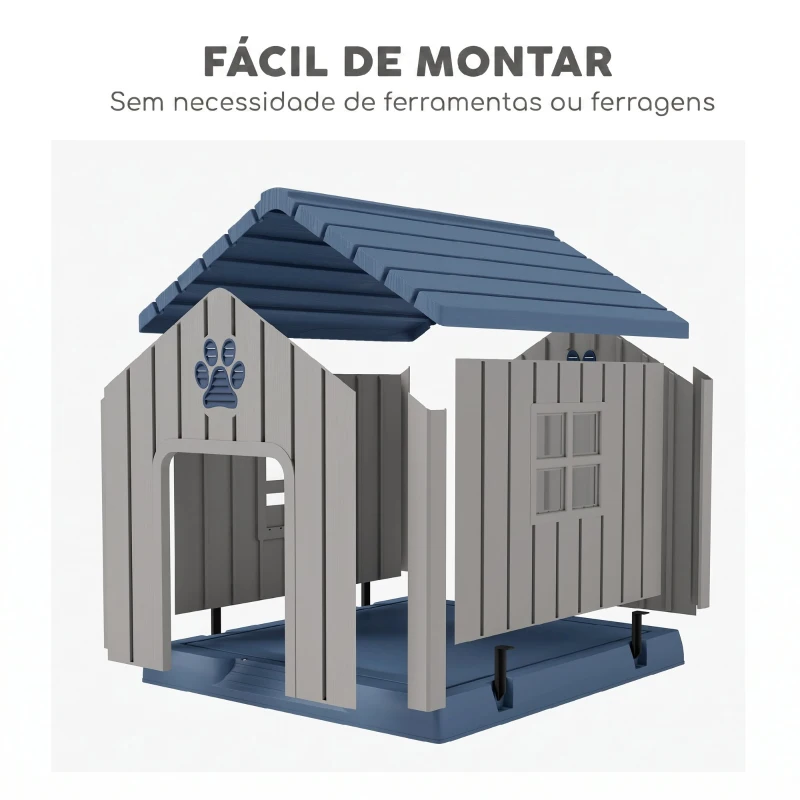 PawHut Casota para Cães Médios de Exterior em Plástico Impermeável com 2 Janelas, Base Elevada e Estacas, 85x79x82 cm, Cinzento