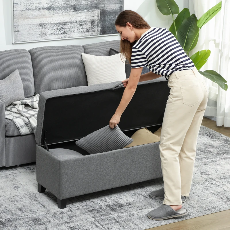 HOMCOM Banco de Armazenamento com 2 Dobradiças de Segurança Tampa Rebatível para Quarto Sala de Estar 120x40x48 cm Cinza Escuro