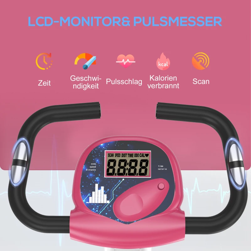 HOMCOM Heimtrainer Fahrradtrainer klappbar Magnetisch Hometrainer Fahrrad mit LCD Monitor, 8 stufig einstellbarem Magnetwiderstand Räder, Leise Platzsparend Fitnessbikes für Zuhause Rosa+Weiß