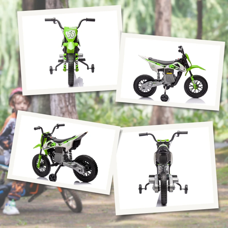 AIYAPLAY Motocicletă electrică pentru copii cu roți ajutătoare, din PP și metal, 109.5x60x72.5 cm, verde