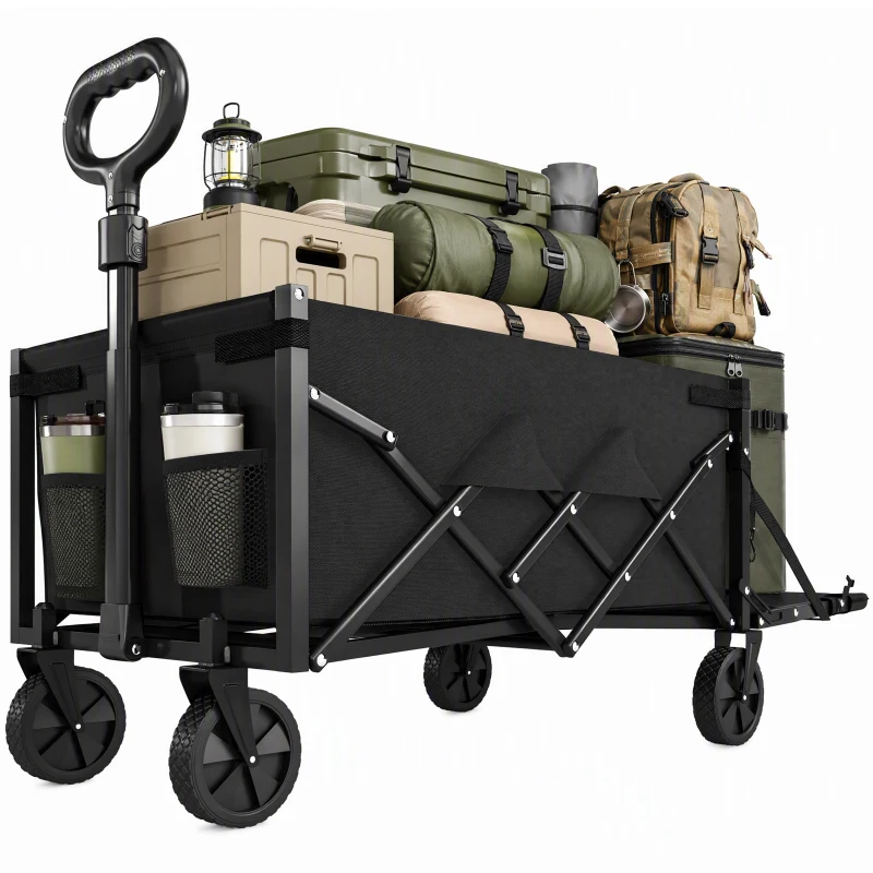 Outsunny Bollerwagen 60L Faltbarer Handwagen Gartenwagen Transportwagen mit Teleskop Griff Heckklappe Getränkehalter