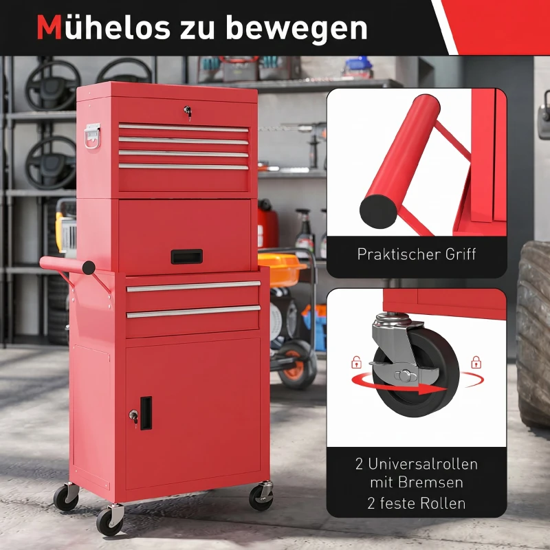 HOMCOM Rollbarer Werkzeugschrank, 6 Schubladen, 2 Schränke, Stahl, verschließbar, Rot