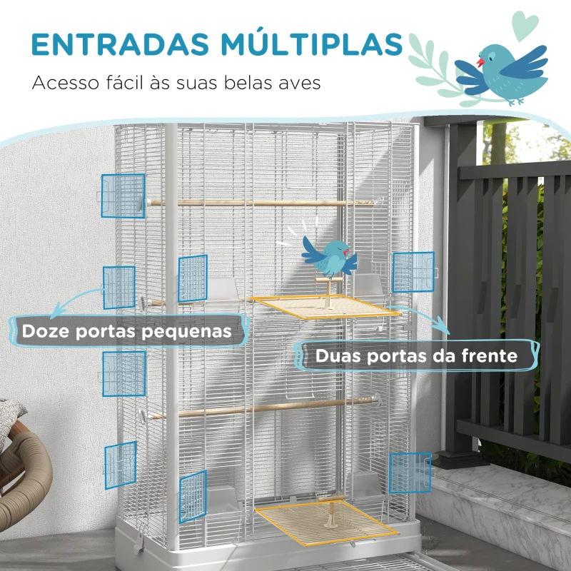 PawHut Gaiola para Pássaros 61x36,5x98 cm com Portas Poleiros Bandeja Removível e Alças para Canários Periquitos Branco