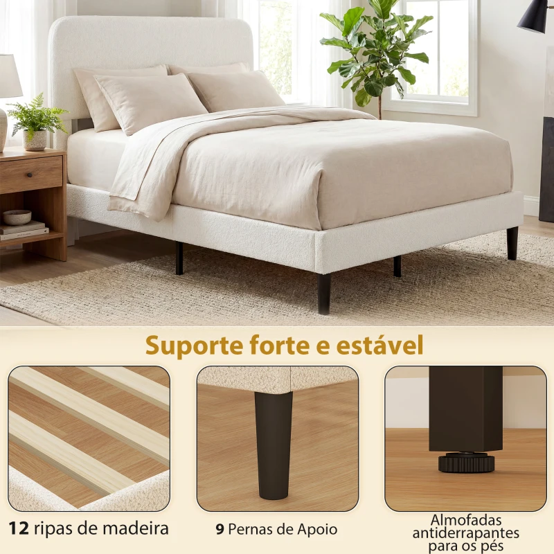 HOMCOM Estrutura de Cama Dupla com Cabeceira Ajustável em Altura Estofada em Tecido Macio com Ripas de Madeira Branco