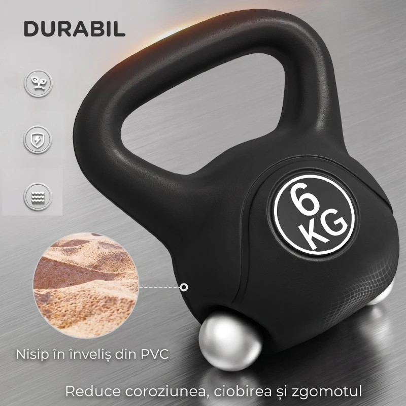 HOMCOM Kettlebell 6kg din plastic și nisip cu bază plată și mâner, 20x13x22 cm, negru