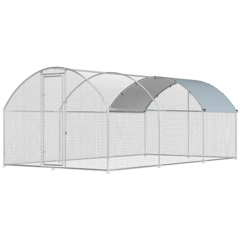 PawHut Galinheiro de Exterior 2,8x5,1x1,9 m Cobertura de Tecido Oxford Anti-UV Impermeável Fechos para 15-24 Galinhas Prateado