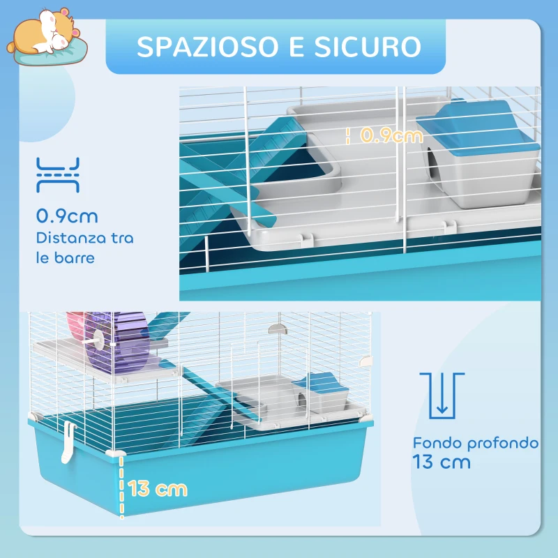 PawHut Gabbia per Criceti 6 Livelli con Tunnel, Ruota, Rampe, Casetta, Bottiglia e Ciotola, Azzurro