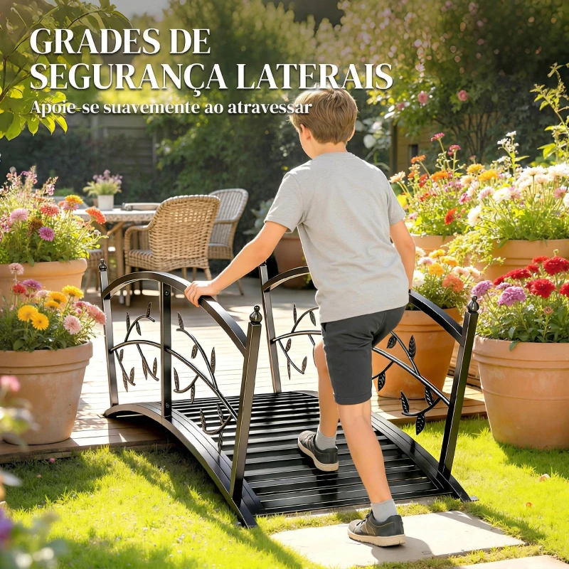 Outsunny Ponte de Jardim Metálica 1,2 m Ponte Decorativa para Lagos com Corrimãos de Segurança e Design de Folhas Preto
