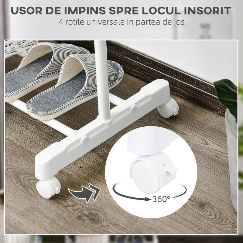 HOMCOM Suport pentru haine reglabil pe înălțime cu compartiment pentru depozitare și 4 roți, 68.5x42x87-145 cm