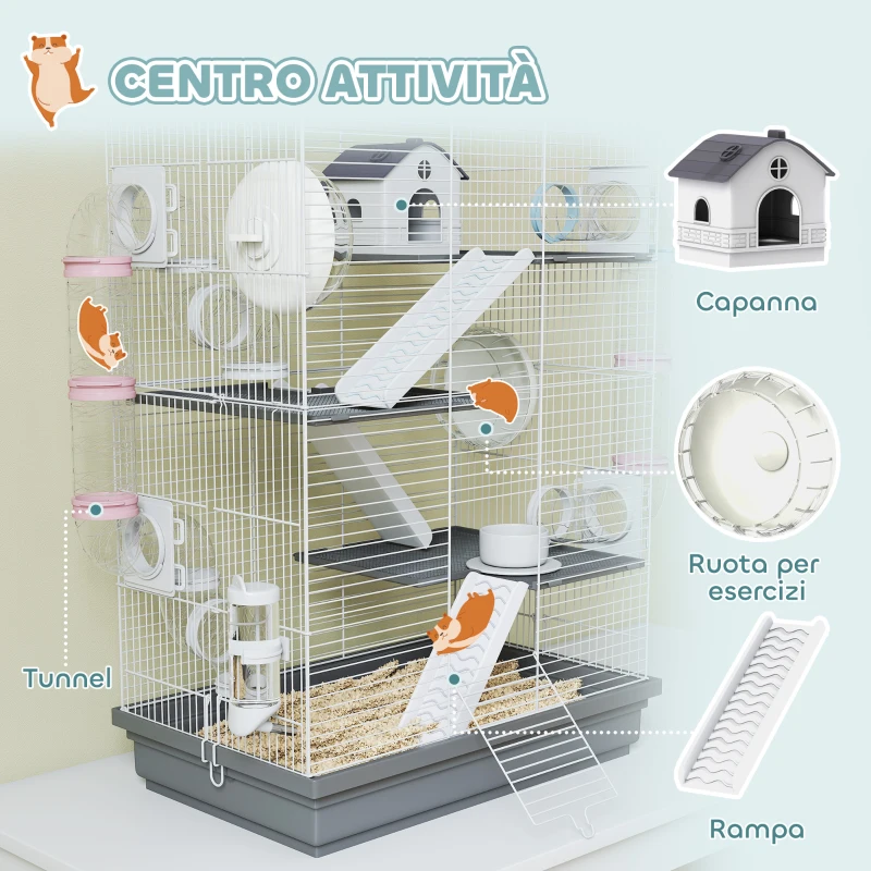 PawHut Gabbia per Criceti a 4 Livelli e 16 Tubi con Casetta, Rampa, e Accessori, in Metallo e Plastica, 47x30x70 cm, Grigio