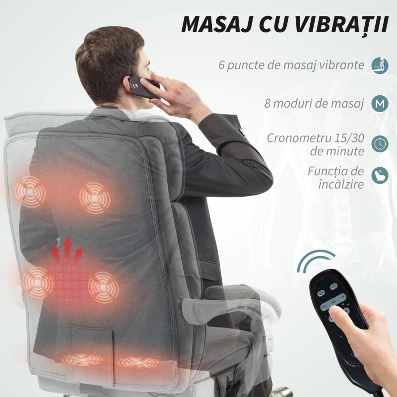 HOMCOM Scaun de Birou cu Masaj Rabatabil cu Suport pentru Picioare, Gri