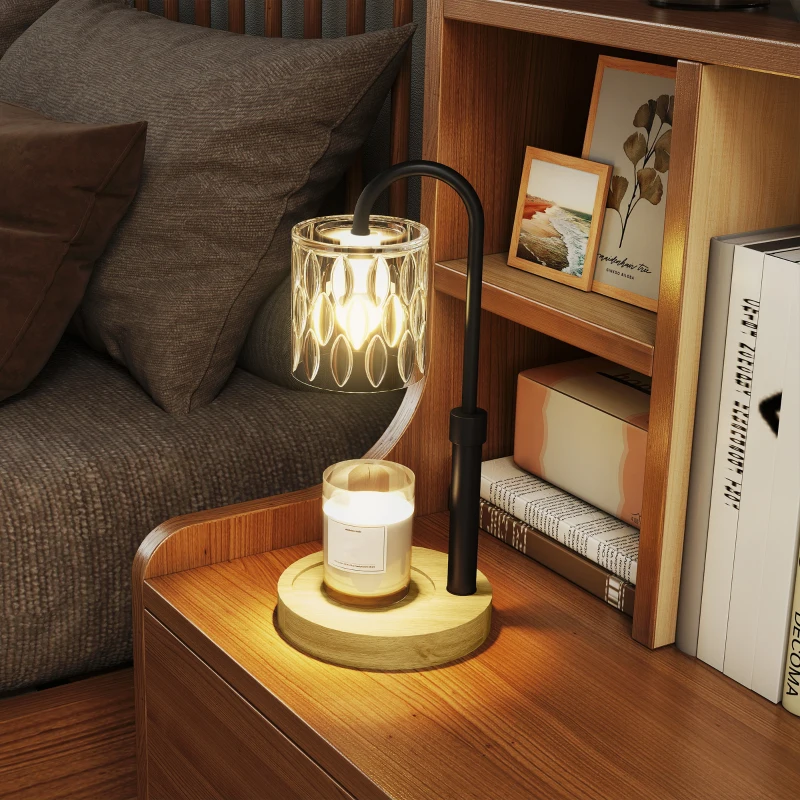 HOMCOM Candeeiro de Mesa Candeeiro Aquecedor de Vela com Base de Madeira Ecrã de Vidro Ø15x32,5 cm Multicor