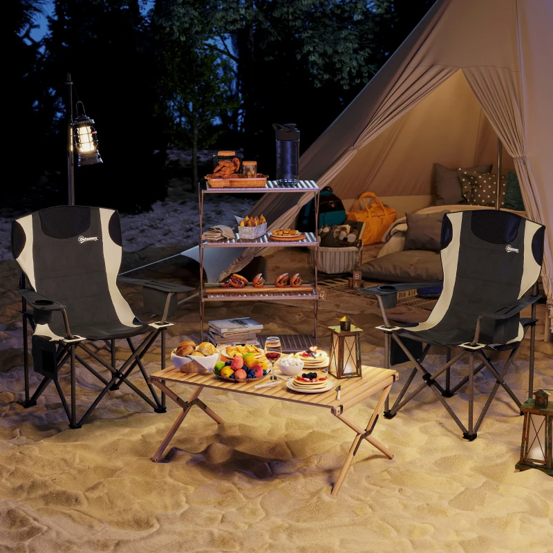 Outsunny 2er Set Faltstuhl faltbar Campingstuhl mit Armlehnen Getränkehalter Kopfstütze Kühltasche Schwarz