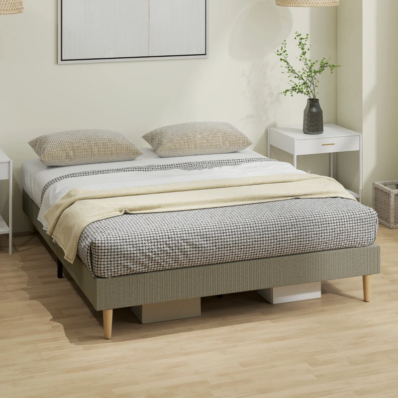 HOMCOM Cadre de lit 160 x 200 cm avec sommier à lattes en bois, lit double rembourré en velours côtelé, gris