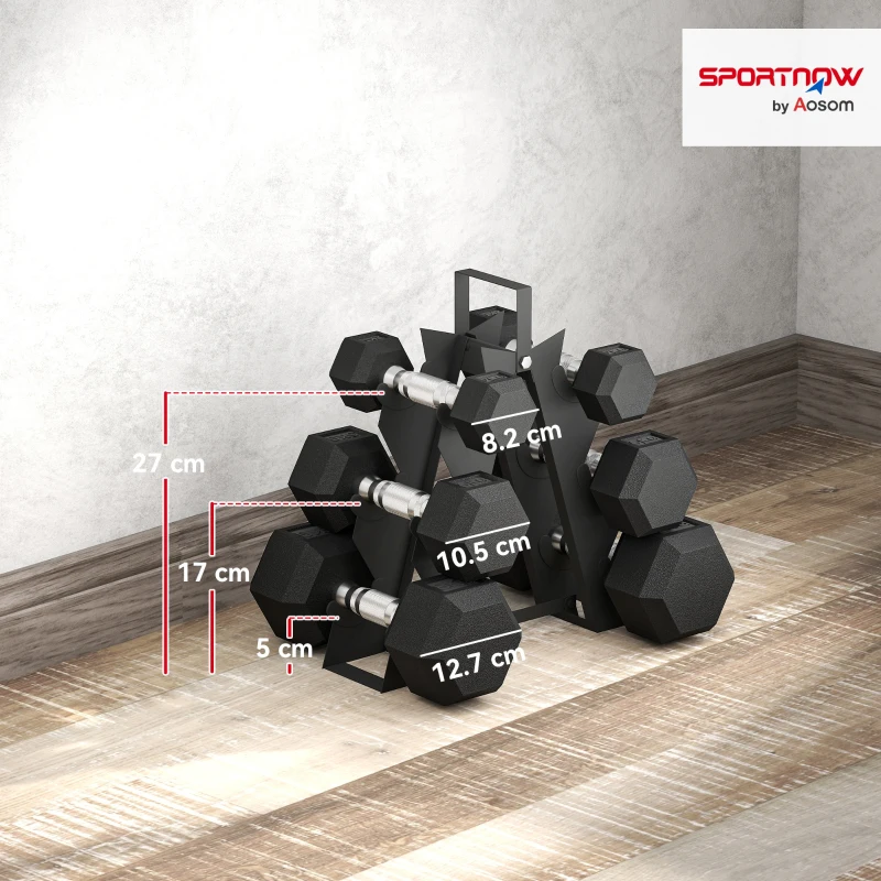 SPORTNOW Set Gantere Hexagonale cu Suport, 2 kg, 5 kg și 8 kg, Negru