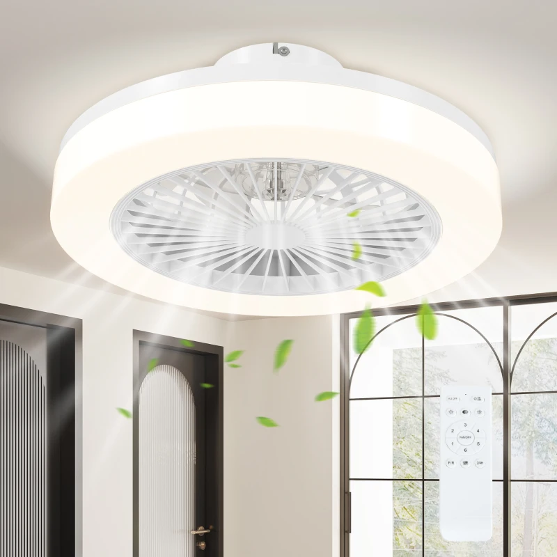 HOMCOM Ventilator de Tavan cu Lumină LED Reglabilă, Telecomandă, Timer, 6 Viteze și Flux Reversibil, Ventilator din Plastic și Acrilic, Ø46x16 cm, Alb