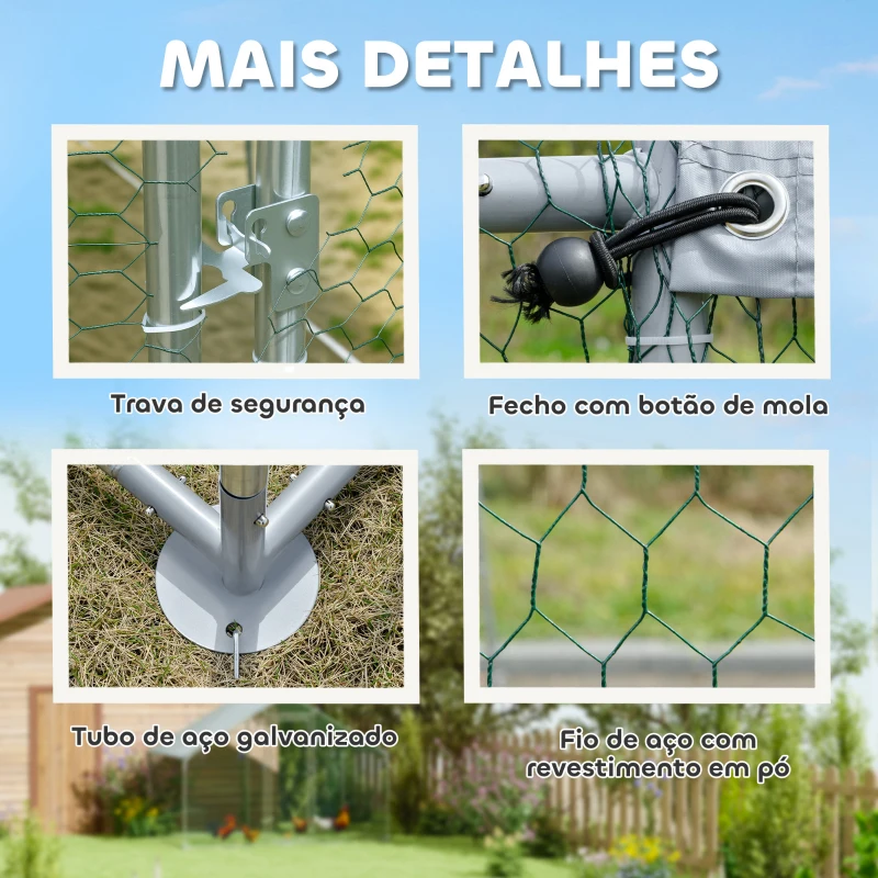 PawHut Galinheiro para Exterior 3x3,4x1,9 m Galinheiro de Aço Galvanizado com Cobertura Anti-UV Gaiola para 10-15 Galinhas Prata
