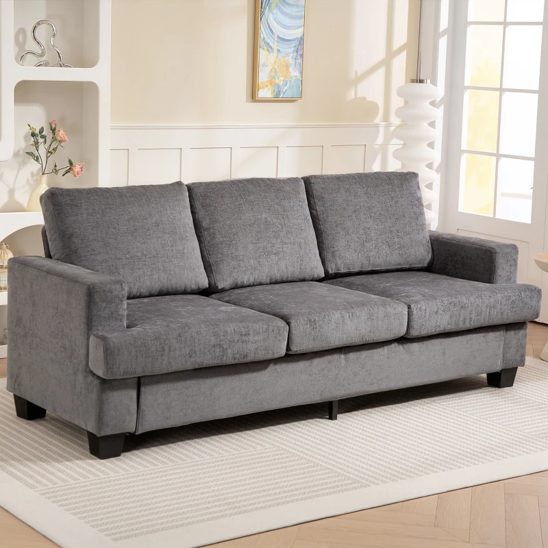 HOMCOM Sofá de 3 Lugares Sofá Sala de Estar 213x80x90 cm Estofado em Chenille Estrutura de Aço e Desenho Moderno Cinzento