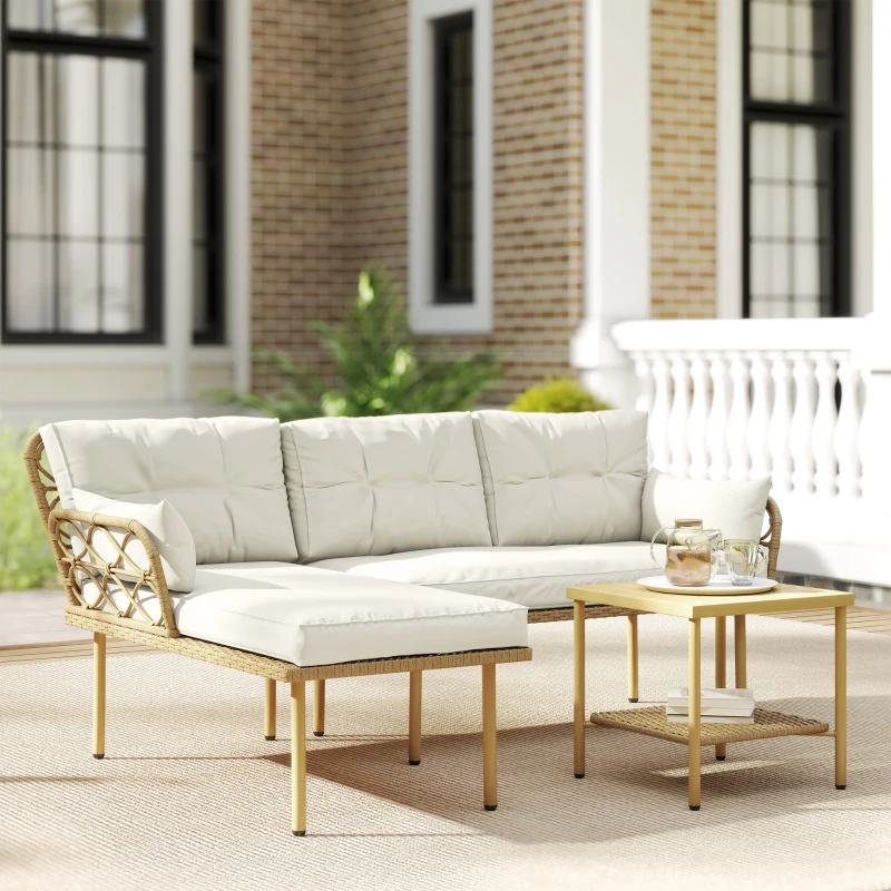 Outsunny Conjunto de Jardim Exterior em Vime com 1 Sofá de Dois Lugares 1 Espreguiçadeira e 1 Mesa de Centro Madeira e Creme