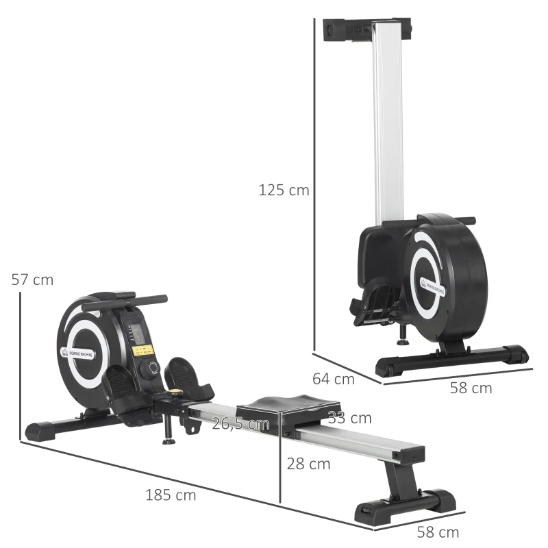 HOMCOM Máquina de Remo Plegable con Resistencia Ajustable Volante de 4kg y Monitor LCD Carga 120kg 185x58x57 cm Negro y Plata