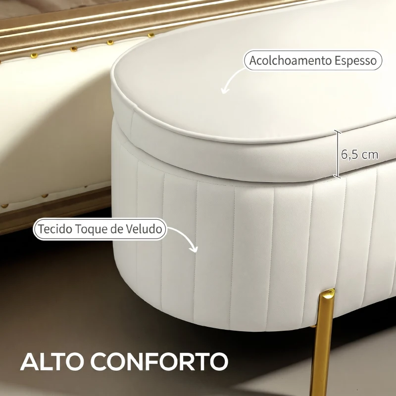 HOMCOM Banco para Pé de Cama em Veludo com Arrumação e Pés Dourados, 108x44x43,5 cm, Creme