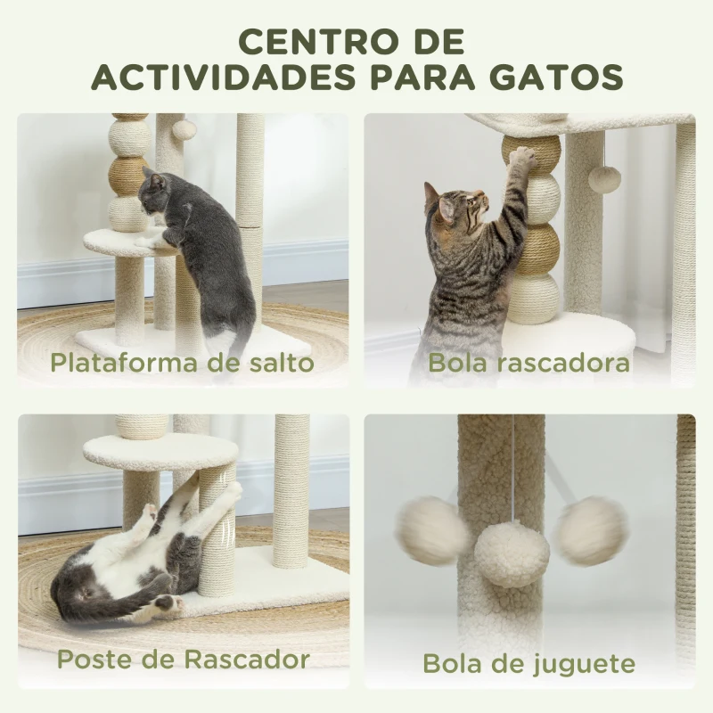 PawHut Árbol para Gatos Altura 76 cm con Revestimiento de Borreguillo Plataformas Bola Colgante y Poste de Yute Beige