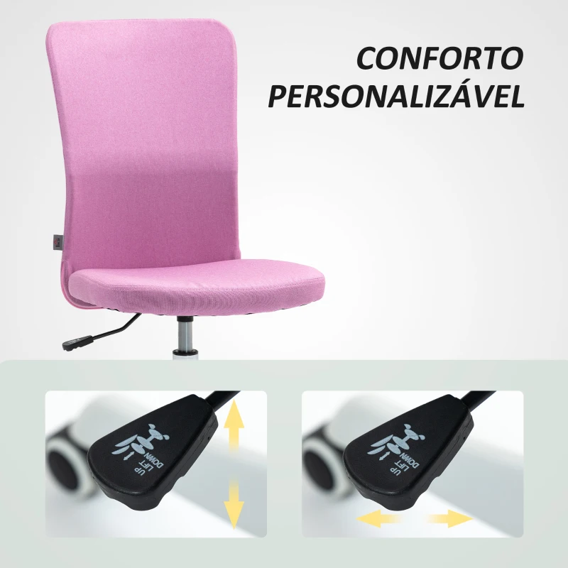 HOMCOM Cadeira de Escritório sem Apoio para os Braços Estofada em Linho Sintético com Altura Ajustável 53x43x85-93 cm Rosa