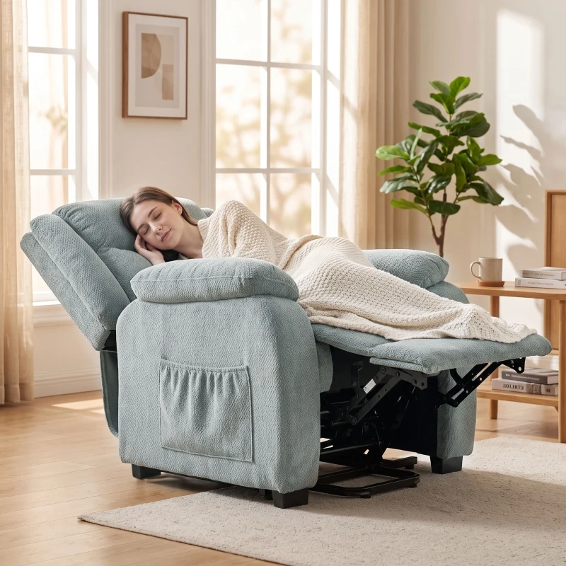 HOMCOM Cadeirão Relax Reclinável Elétrico em Tecido Efeito Linho com Molas, Apoio para os Pés, Telecomando, USB e 2 Bolsos Laterais Verde