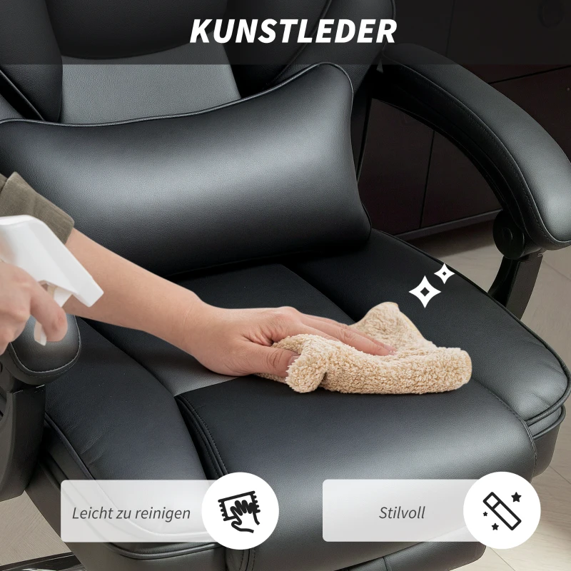 HOMCOM Bürostuhl Ergonomischer Höhenverstellbarer Drehstuhl mit Lendenwirbelstütze, Armlehne, Fußstütze, PU-Leder, Schwarz